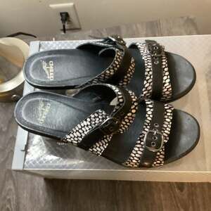 Dansko Sophie Black Shagreen Leather Two-Strap Wedge Sandals